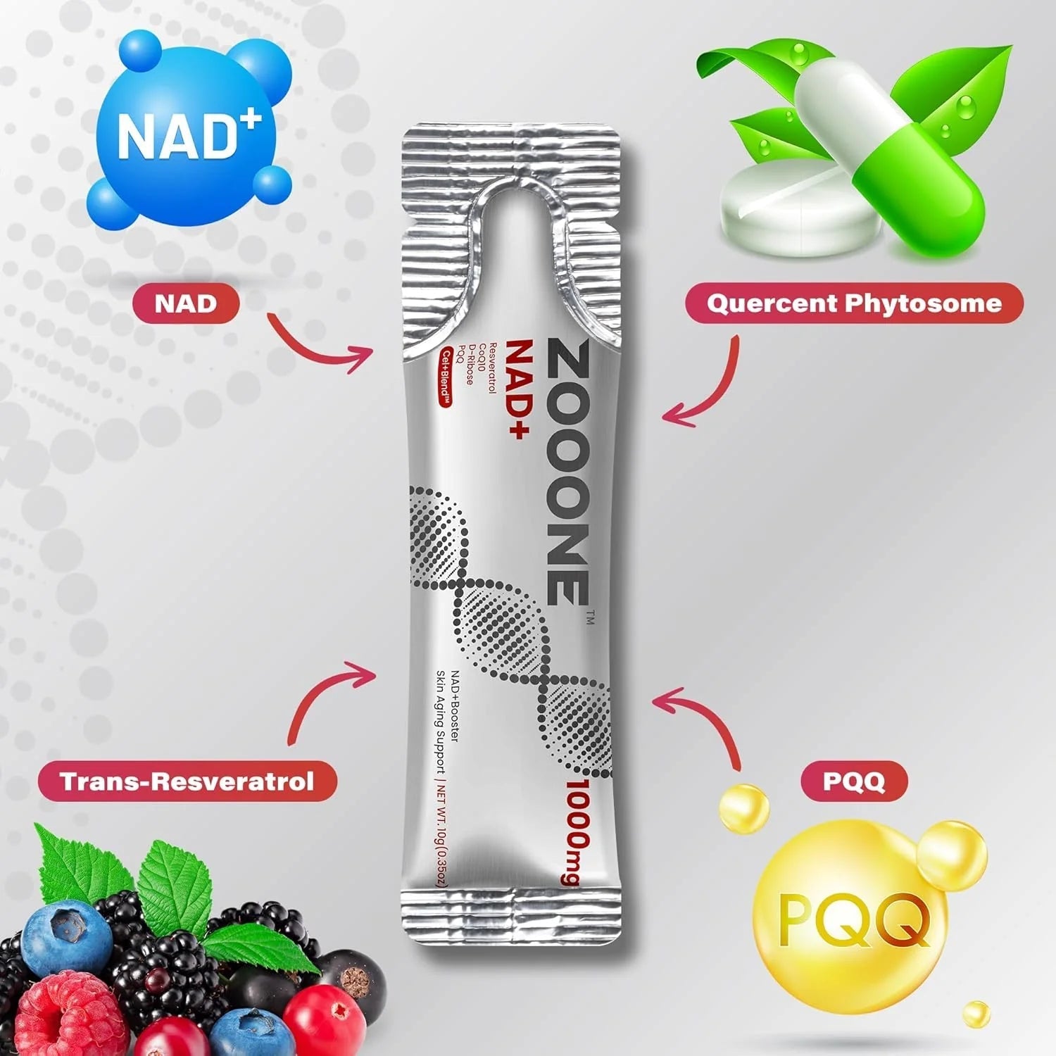 ZOOONE NR1000 NAD+ Drink Mix - Berry Flavor for Cellular Energy, Focus & Skin Aging Support - 30 Pack