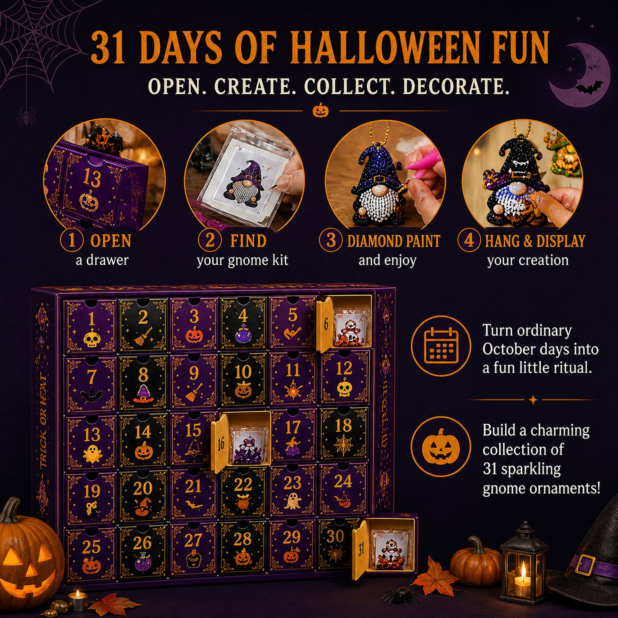 🔥LAST DAY 60% OFF - 🎃✨ 31 Days of Gnome Surprises Halloween Diamond Painting Advent Calendar