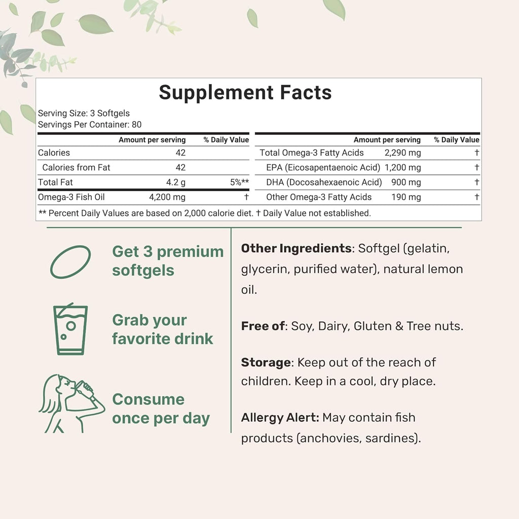 Omega 3 Fish Oil Supplements 4,200mg Per Serving| Lemon Flavored Burpless | EPA 1200mg + DHA 900mg