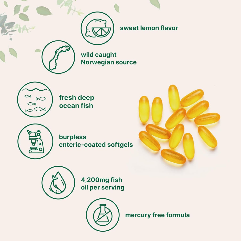 Omega 3 Fish Oil Supplements 4,200mg Per Serving| Lemon Flavored Burpless | EPA 1200mg + DHA 900mg