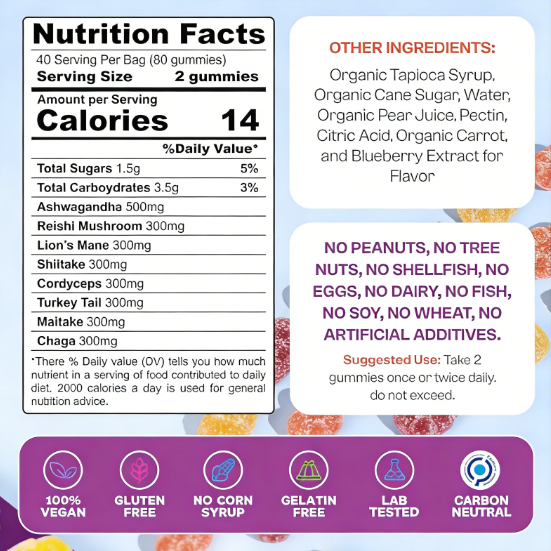 Organic Mushroom Gummies -Lions Mane Mushroom Supplement Gummies- Immune Defense, Boosts Cognitive Performance - 80 Gummies