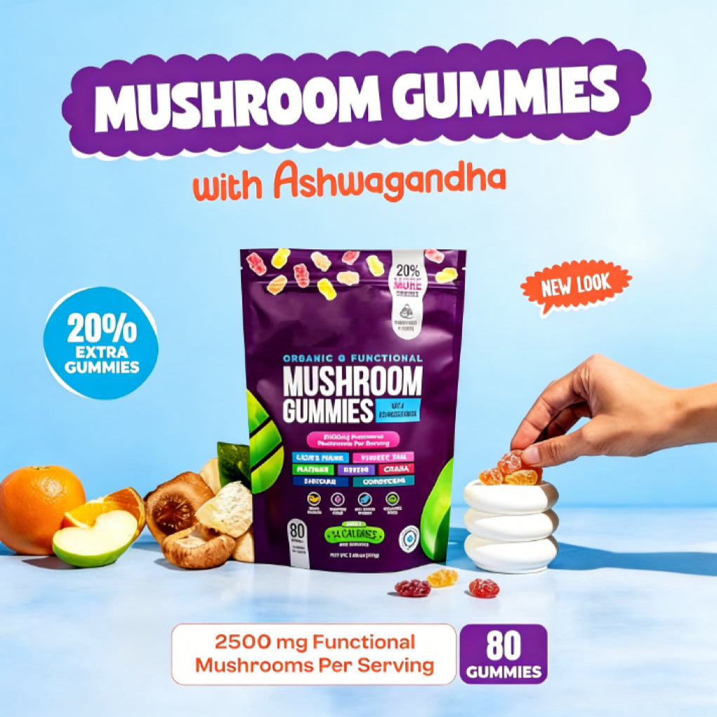 Organic Mushroom Gummies -Lions Mane Mushroom Supplement Gummies- Immune Defense, Boosts Cognitive Performance - 80 Gummies
