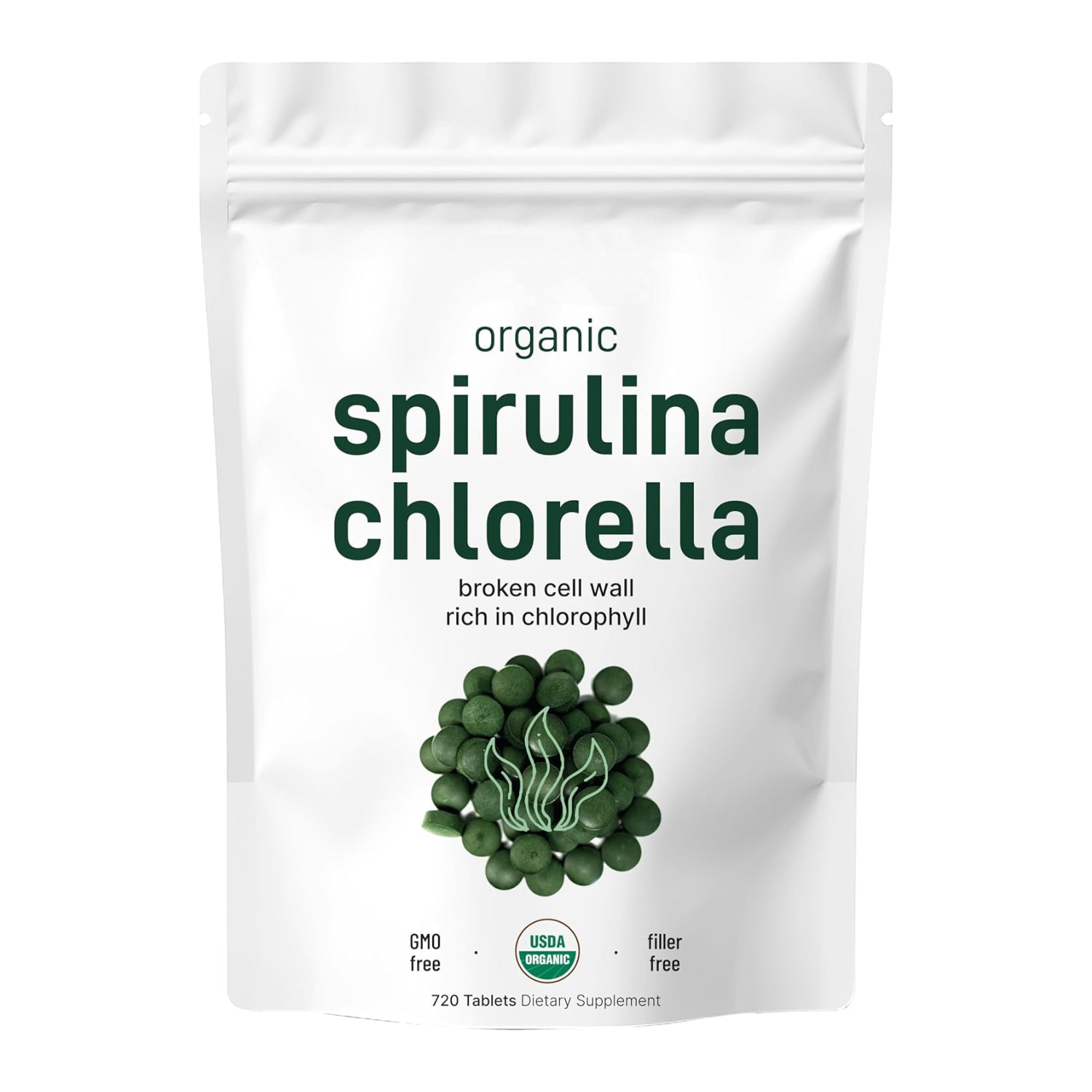 Organic Chlorella Spirulina Tablets, 3000mg Per Serving, 720 Counts, 4 Months Supply, 50/50 Blend Superfood