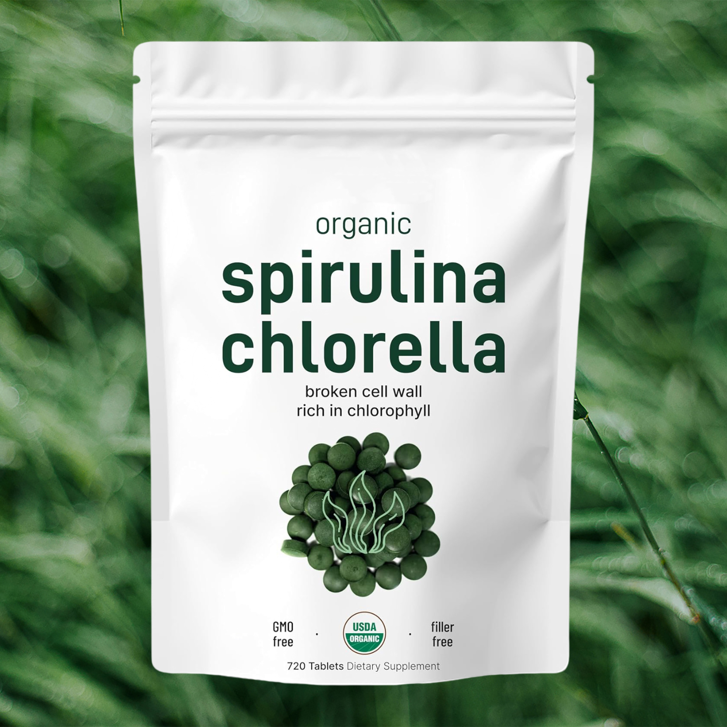 Organic Chlorella Spirulina Tablets, 3000mg Per Serving, 720 Counts, 4 Months Supply, 50/50 Blend Superfood