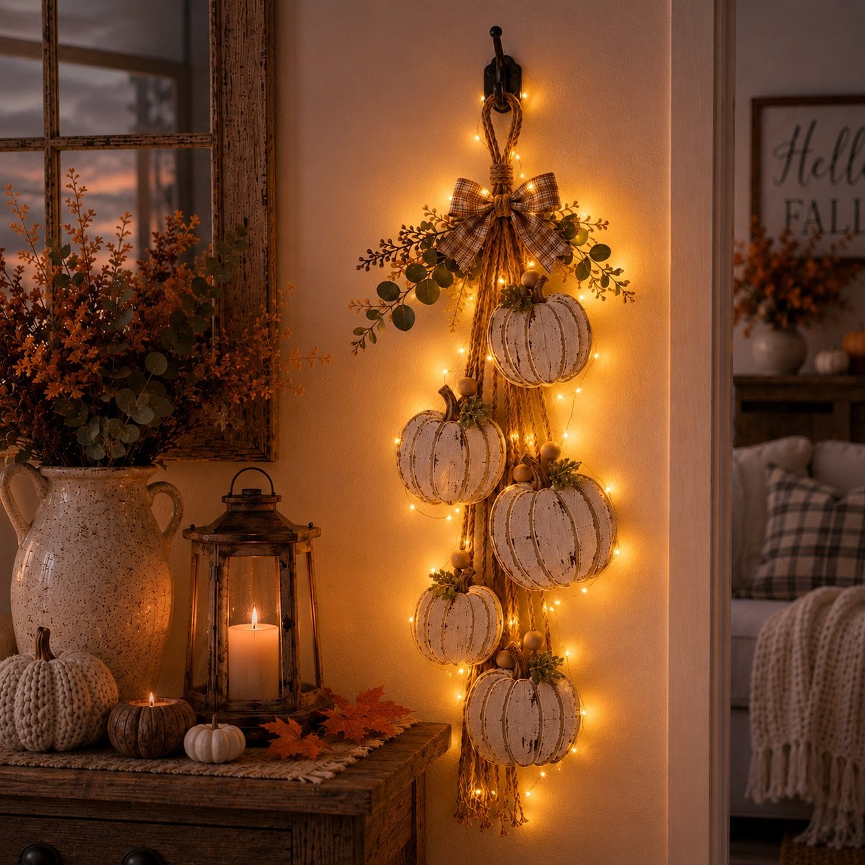 🎉Rustic White Pumpkin Hanging Swag – 5-Pumpkin Fall Wall & Door Decor