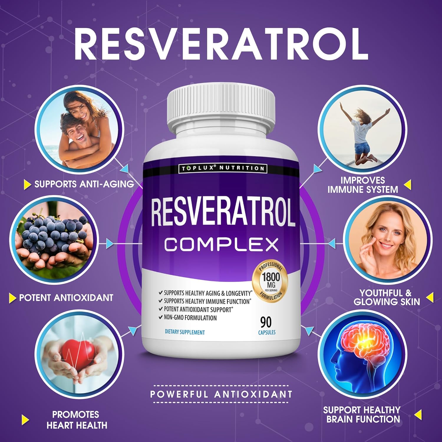 Resveratrol Supplement 1800 mg Antioxidant Complex - Overall Health Support,  Brain Function, for Men Women, 90 Capsules