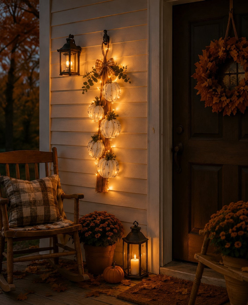 🎉Rustic White Pumpkin Hanging Swag – 5-Pumpkin Fall Wall & Door Decor