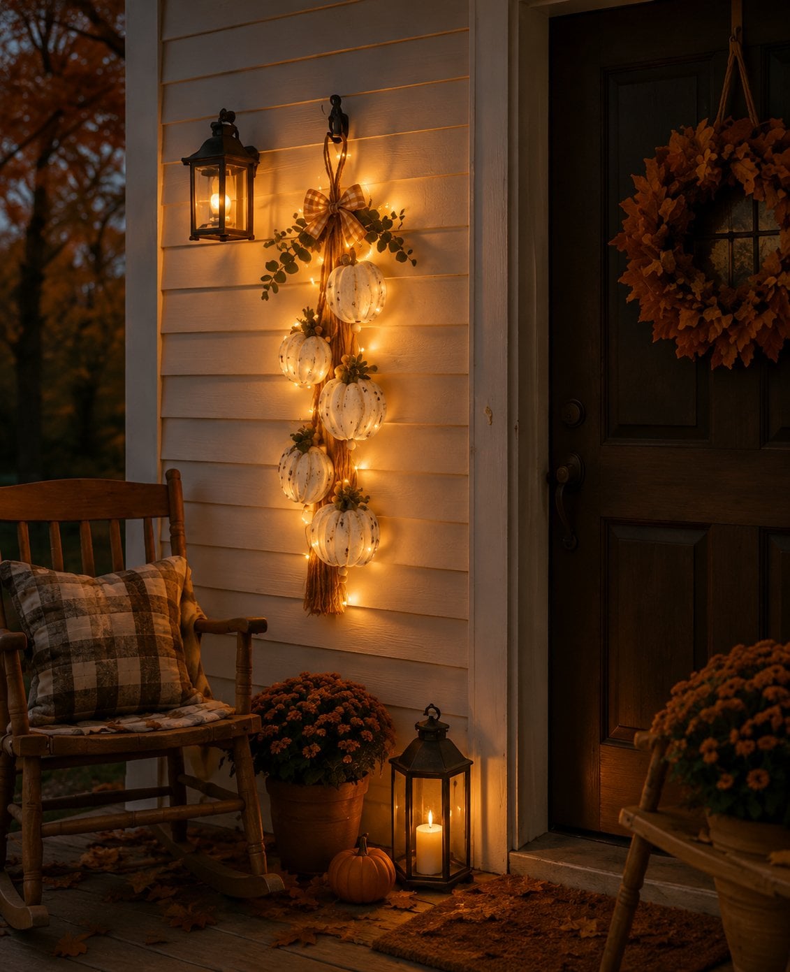 🎉Rustic White Pumpkin Hanging Swag – 5-Pumpkin Fall Wall & Door Decor