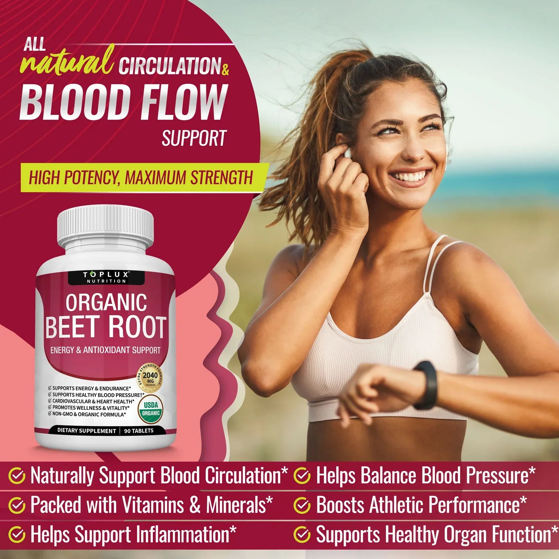 Organic Beet Root Powder Tablets 2040mg – Energy & Circulation Support (90 Ct)