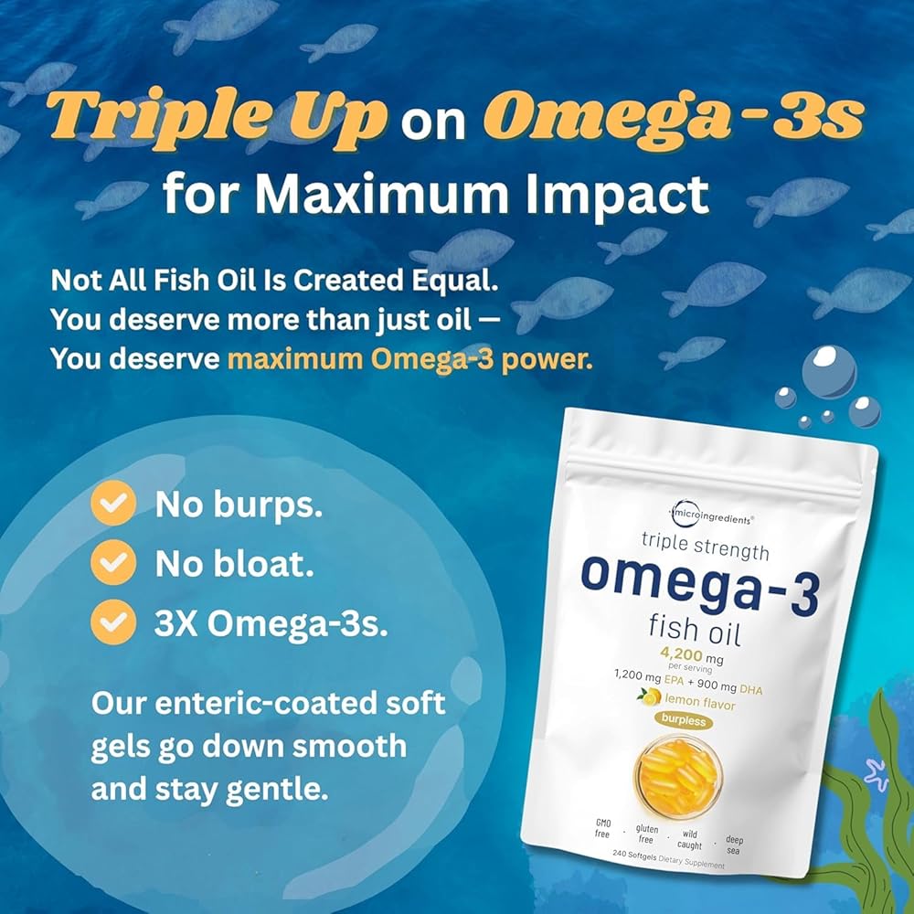 Omega 3 Fish Oil Supplements 4,200mg Per Serving| Lemon Flavored Burpless | EPA 1200mg + DHA 900mg