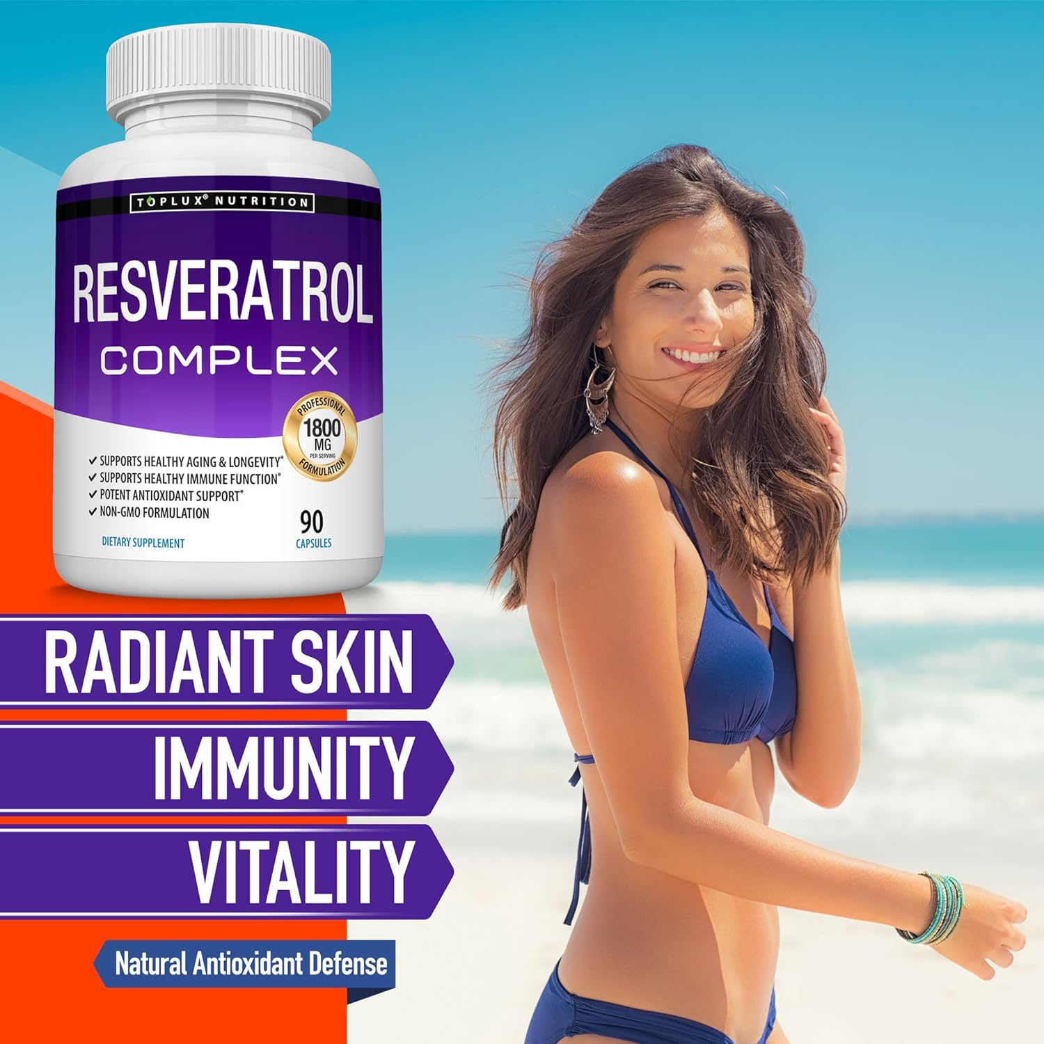 Resveratrol Supplement 1800 mg Antioxidant Complex - Overall Health Support,  Brain Function, for Men Women, 90 Capsules