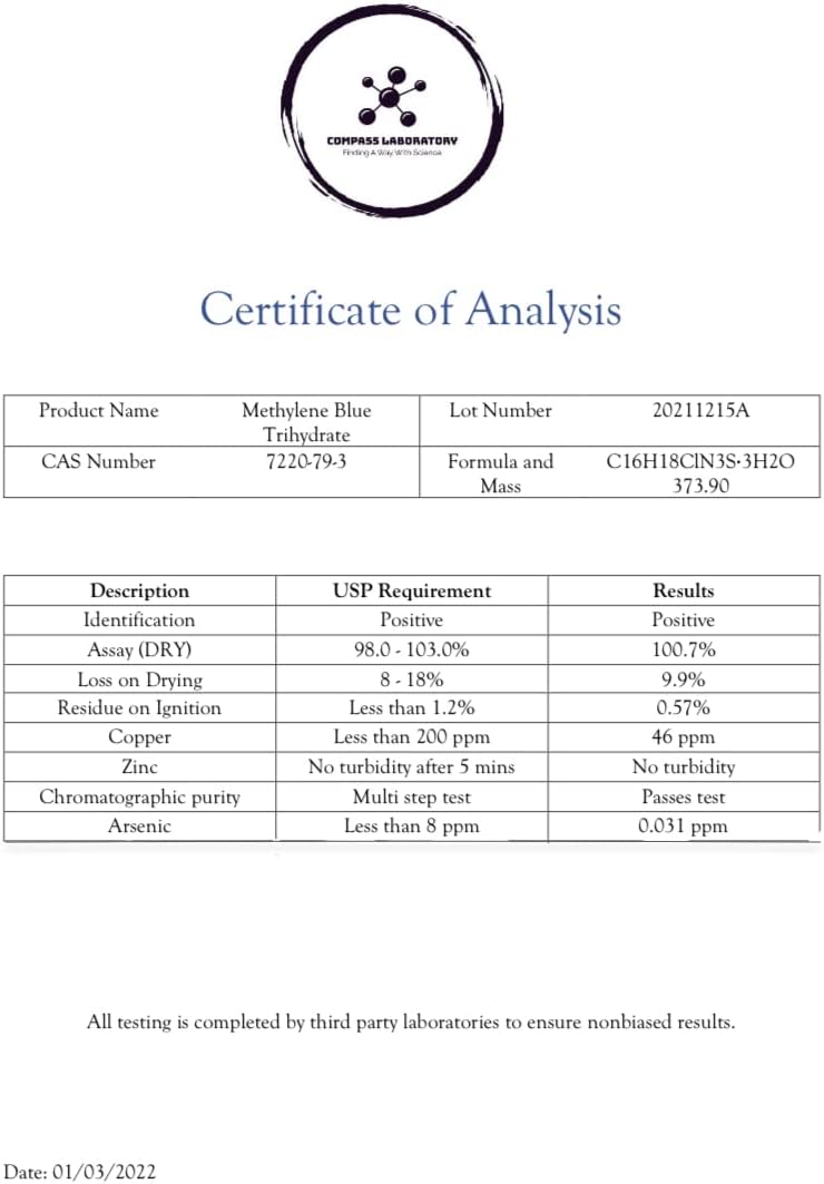 Methylene Blue Pharmaceutical Grade, USP Grade, Third-Party Tested Dietary Supplement for Humans, No Formaldehyde, Made in USA (0.5% 50ml Bottle)-Shop