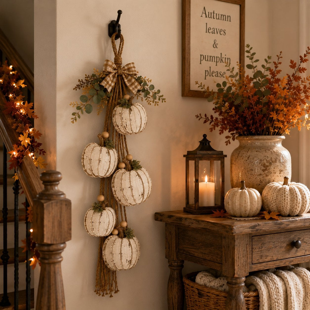 🎉Rustic White Pumpkin Hanging Swag – 5-Pumpkin Fall Wall & Door Decor