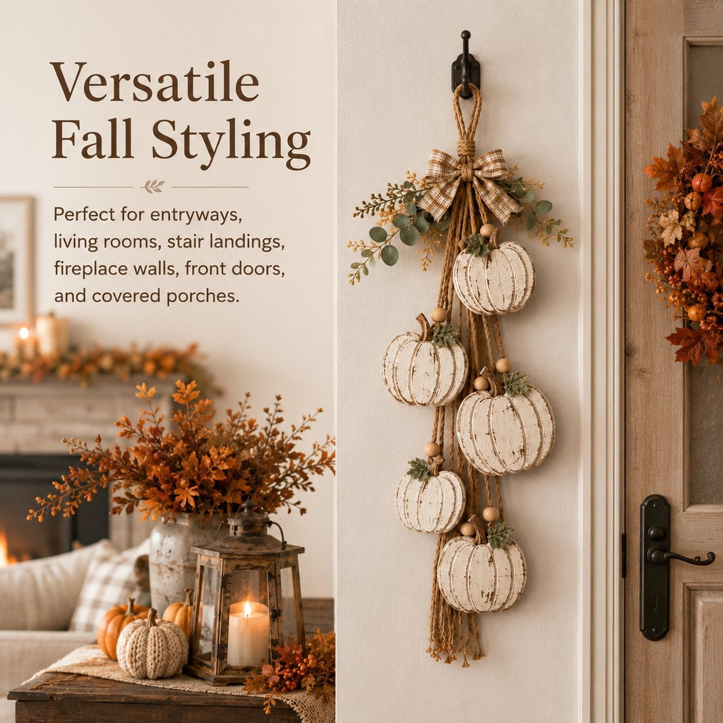 🎉Rustic White Pumpkin Hanging Swag – 5-Pumpkin Fall Wall & Door Decor