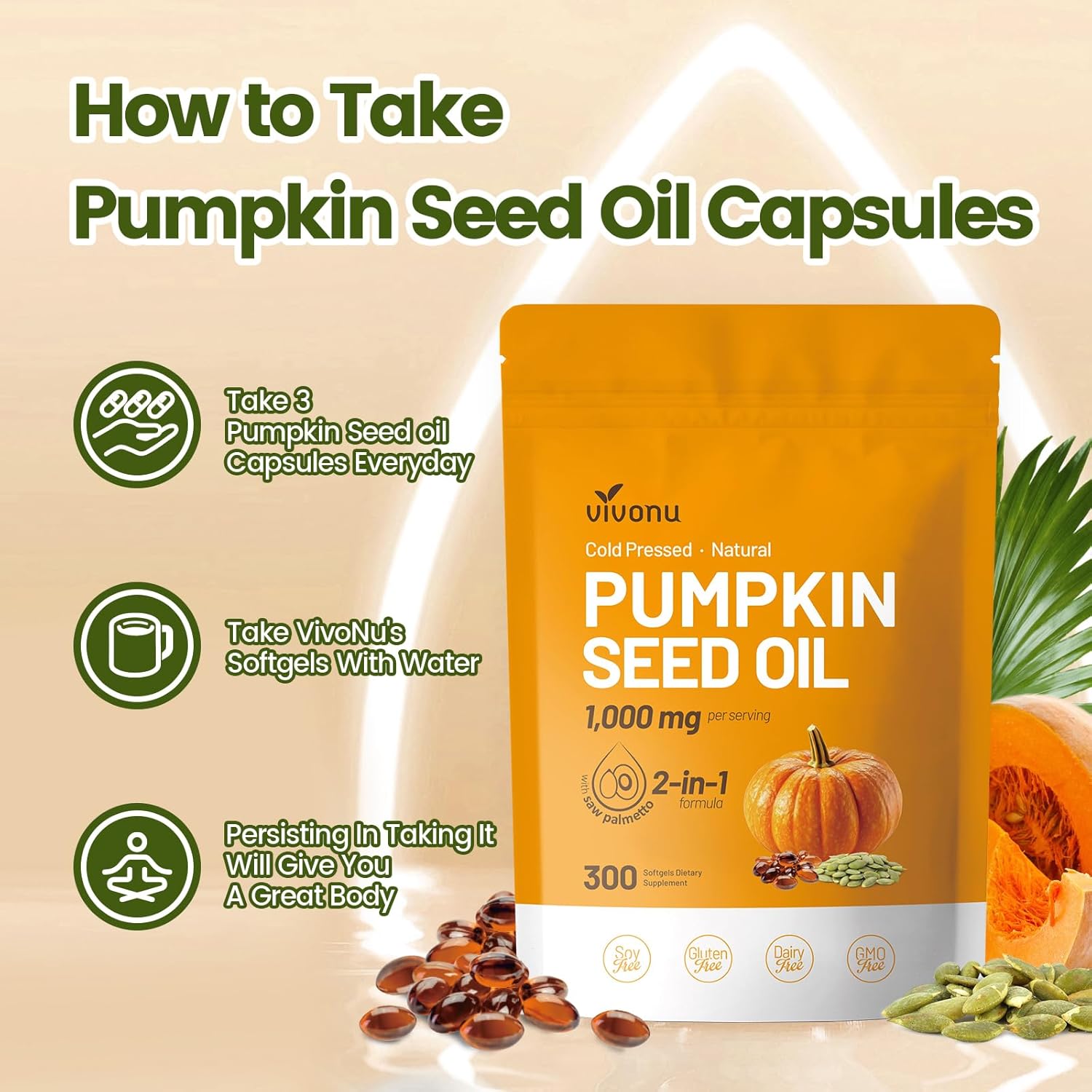 Pumpkin Seed & Saw Palmetto Oil Softgels | Dual-Herb Support for Hair Growth, Bladder & Prostate Health300Count
