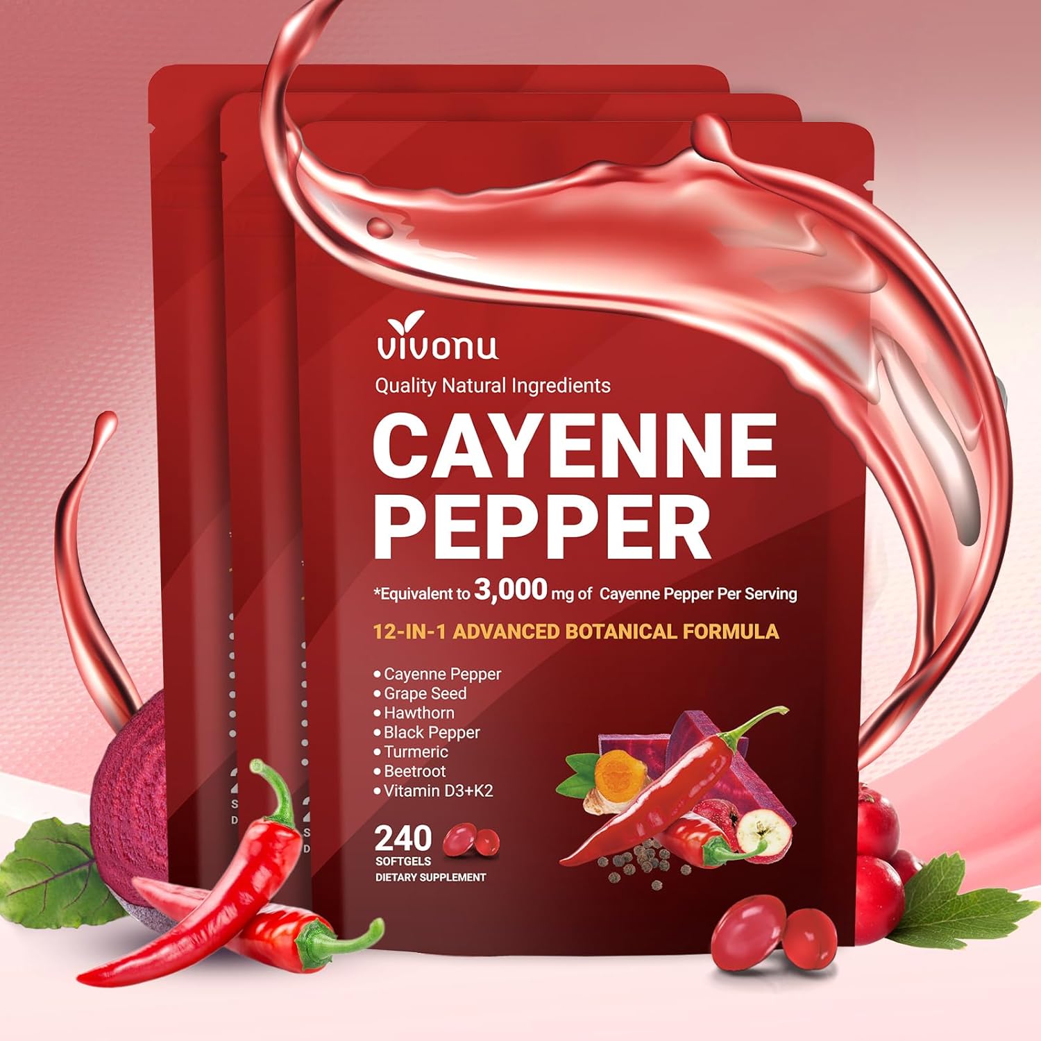 Cayenne Pepper Softgels Supplement, Supports Leg Vein, Heart and Blood Vessel Health, with Vitamin E D3+K2 and Beetrootand Others(3PACKS)