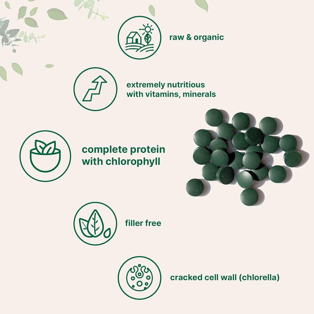 Organic Chlorella Spirulina Tablets, 3000mg Per Serving, 720 Counts, 4 Months Supply, 50/50 Blend Superfood