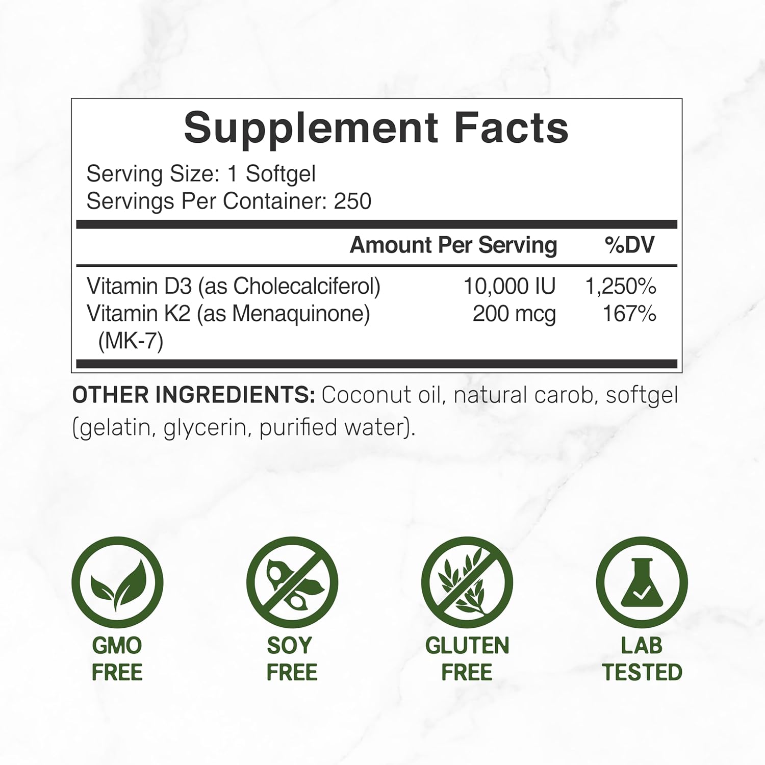 D3 & K2 MK-7 Synergy Complex | Supports Immune, Bone & Dental Health | 250 Easy-Swallow Softgels with Coconut Oil