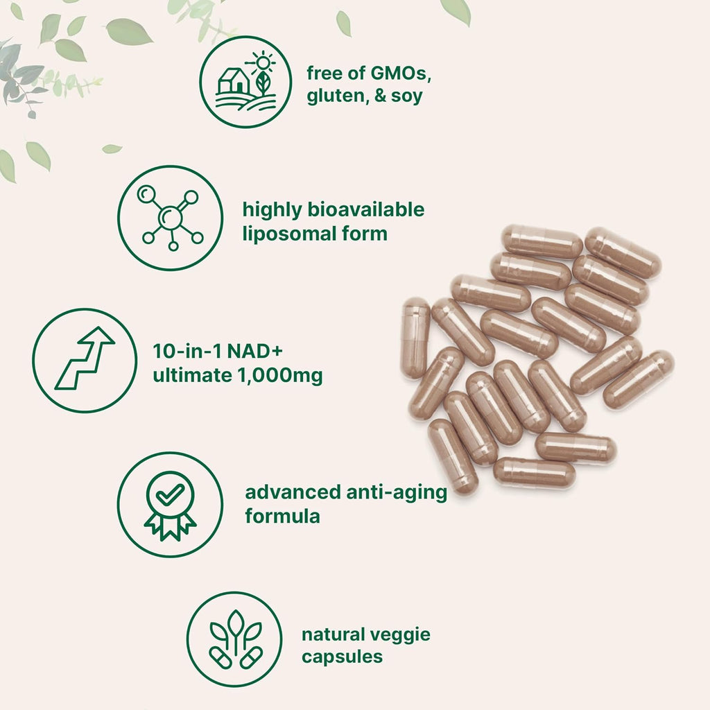High-Potency Anti-Aging NAD+ | Liposomal 1000mg with Resveratrol for Energy, Brain & Cellular Health | 60 Veggie Capsules