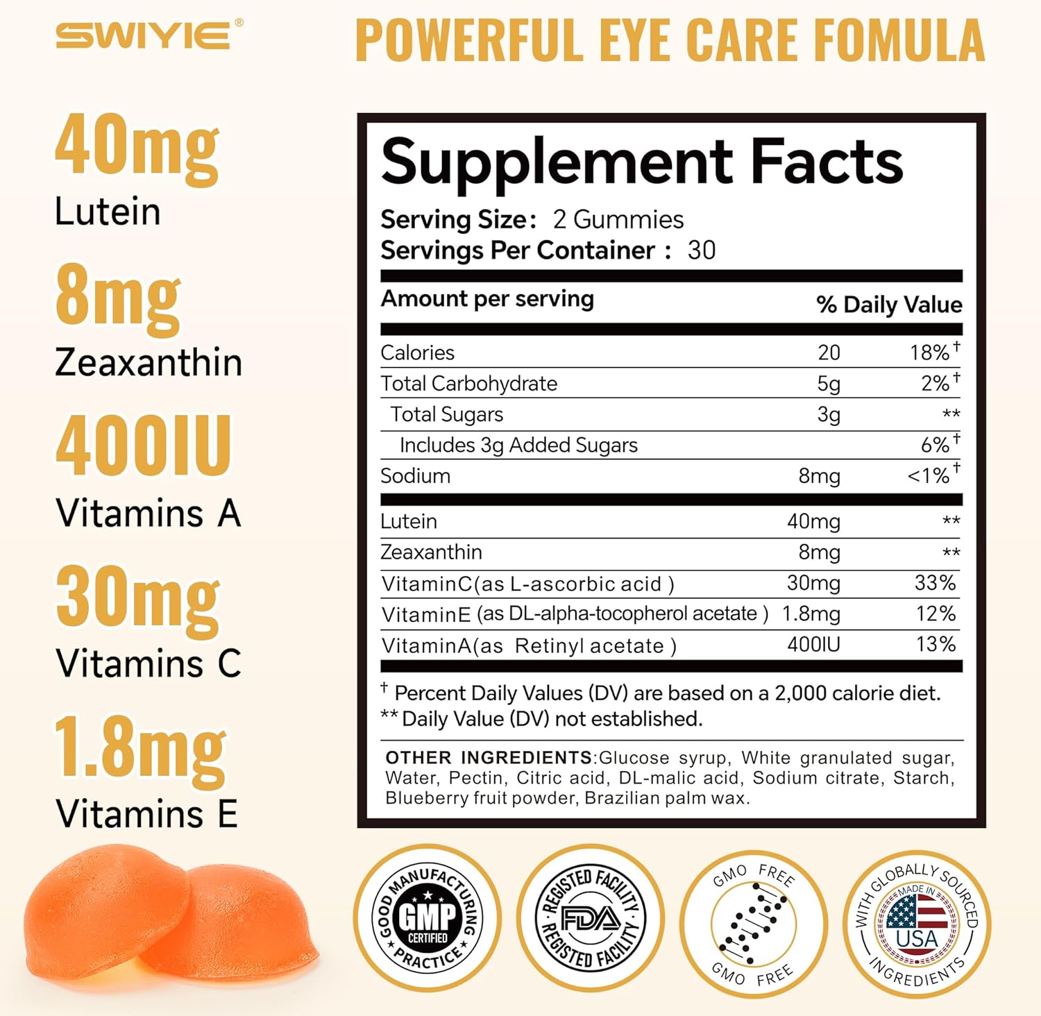 Lutein Gummies for Eye Health – Vision Support Eye Vitamins, Blueberry Flavor, 60 Gummies