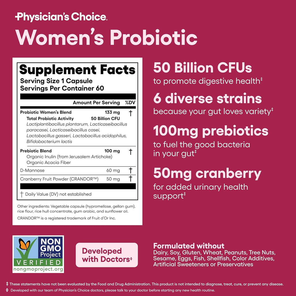 PH Balance, Digestive, UT, & Feminine Health - 50 Billion CFU - 6 Unique Strains for Women - Organic Prebiotics, Cranberry Extract+ - Probiotic - 60 CT