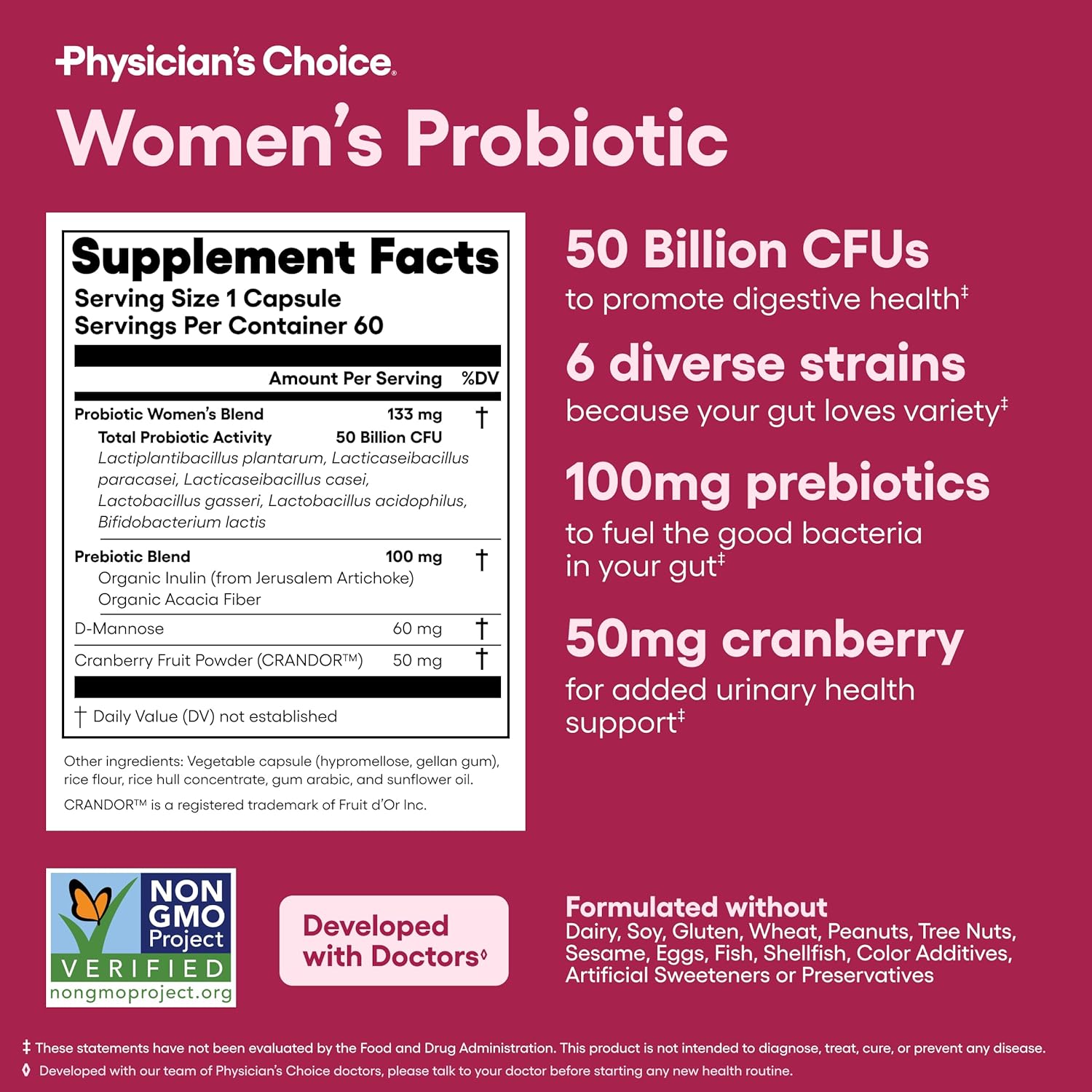 PH Balance, Digestive, UT, & Feminine Health - 50 Billion CFU - 6 Unique Strains for Women - Organic Prebiotics, Cranberry Extract+ - Probiotic - 60 CT