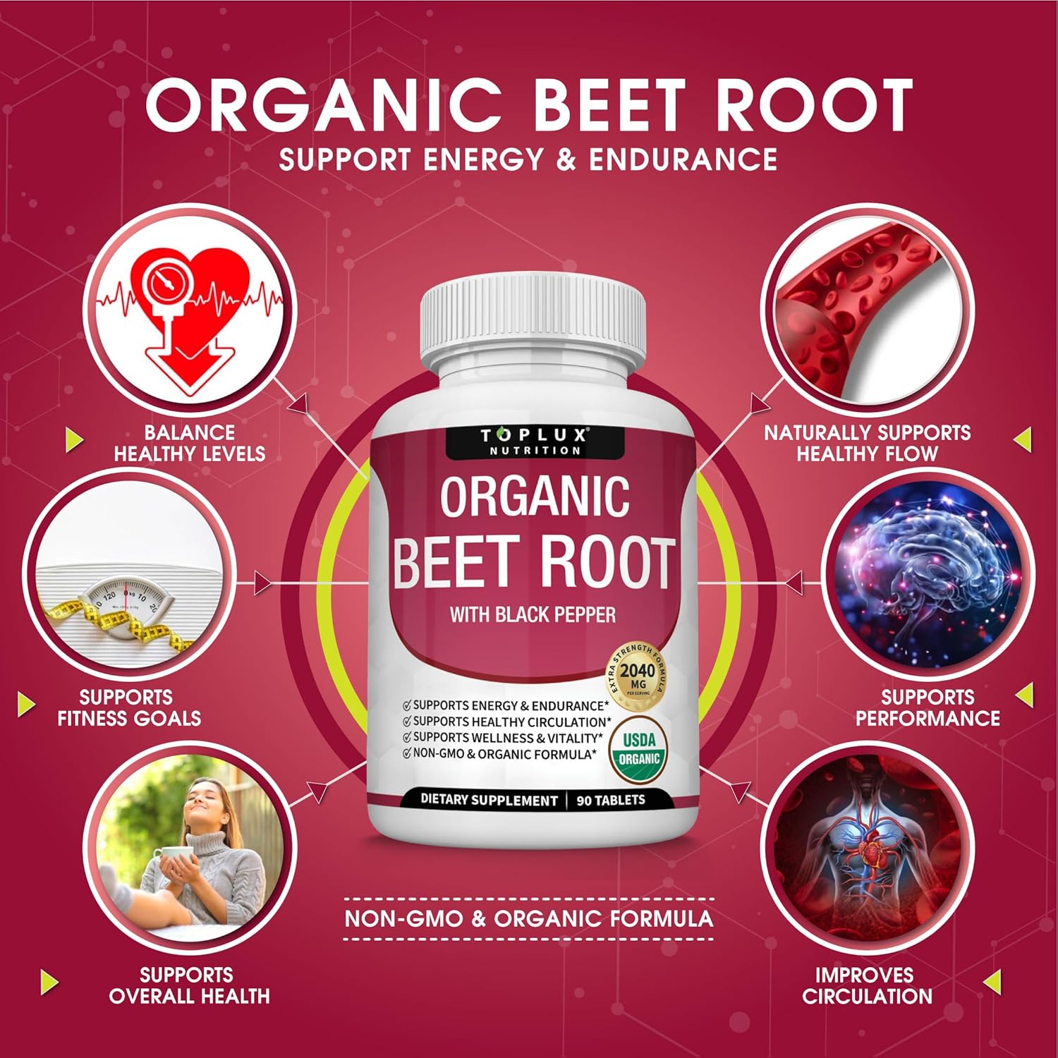 Toplux Organic Beet Root Powder Tablets - 2040mg Natural Nitric Oxide Beets to Support
