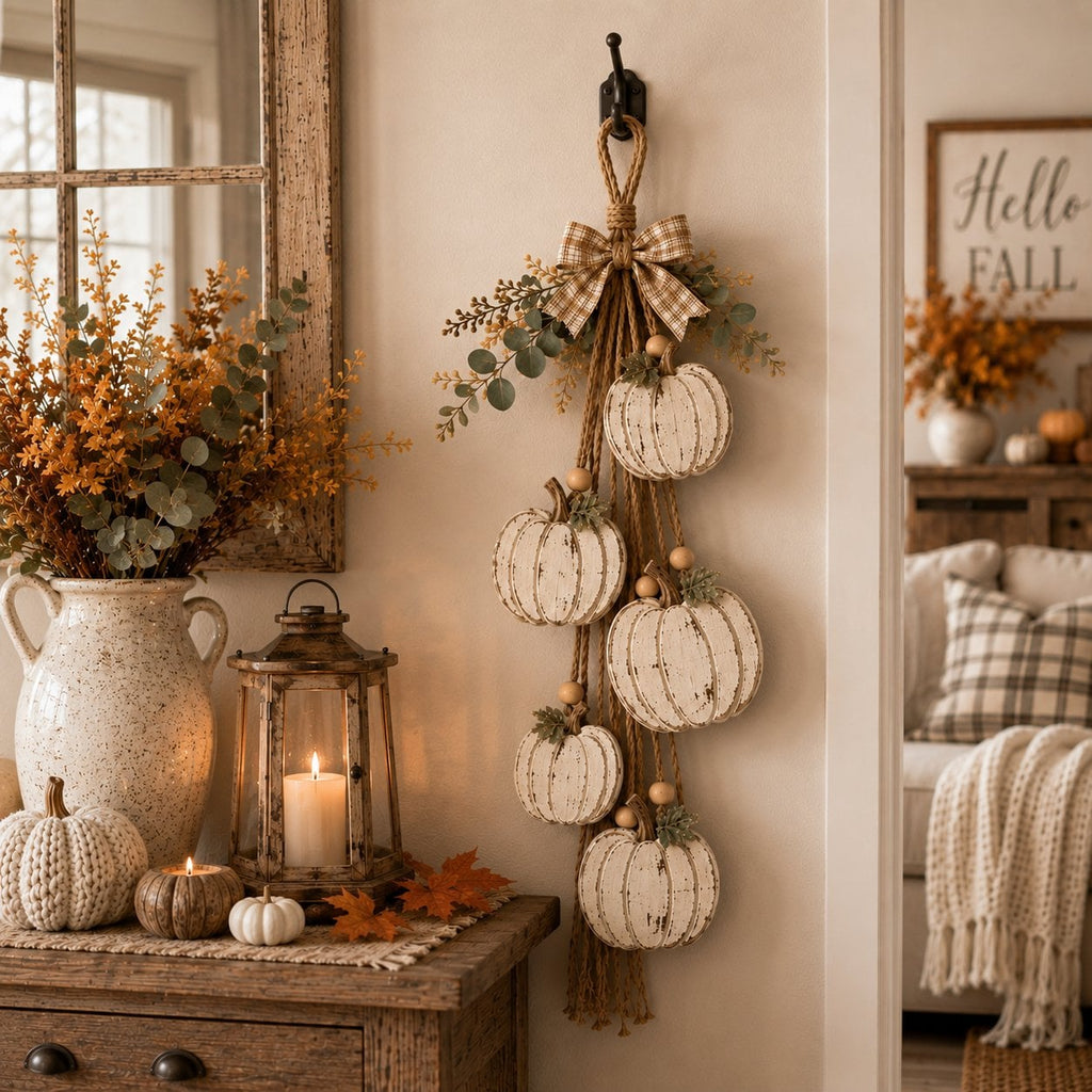 🎉Rustic White Pumpkin Hanging Swag – 5-Pumpkin Fall Wall & Door Decor