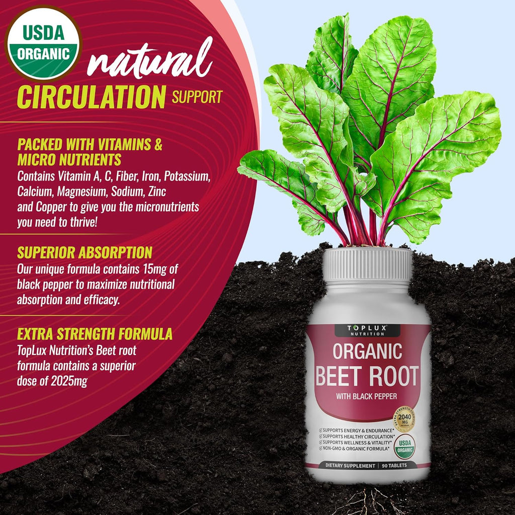 Toplux Organic Beet Root Powder Tablets - 2040mg Natural Nitric Oxide Beets to Support