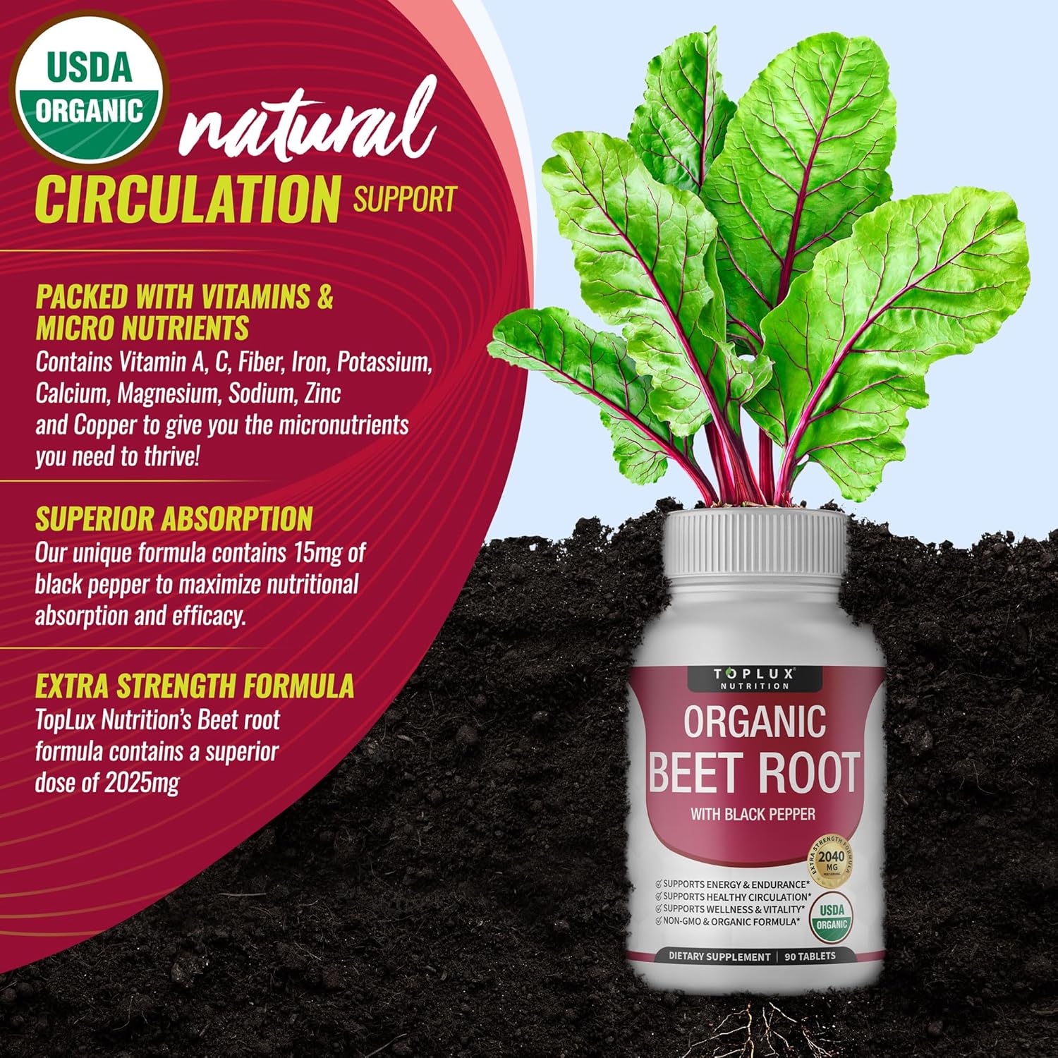 Toplux Organic Beet Root Powder Tablets - 2040mg Natural Nitric Oxide Beets to Support