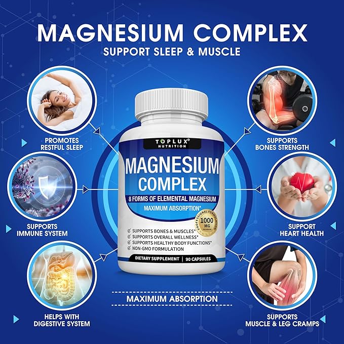High-Absorption Magnesium Complex | 1000mg with Glycinate, Citrate, Malate for Bone, Muscle & Energy Support | Vegan, 90 Capsules
