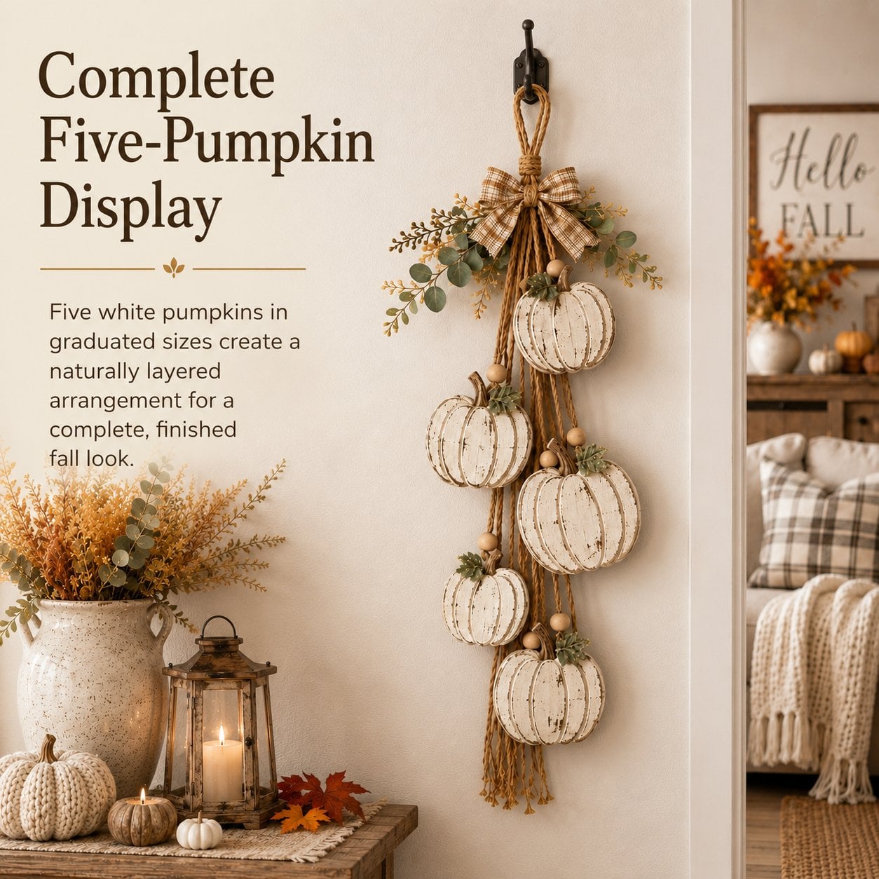 🎉Rustic White Pumpkin Hanging Swag – 5-Pumpkin Fall Wall & Door Decor