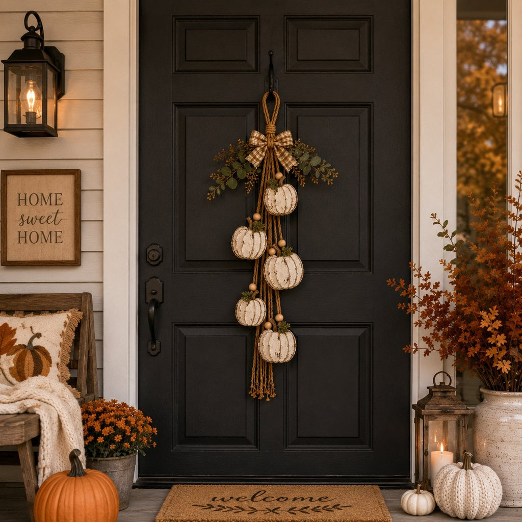 🎉Rustic White Pumpkin Hanging Swag – 5-Pumpkin Fall Wall & Door Decor