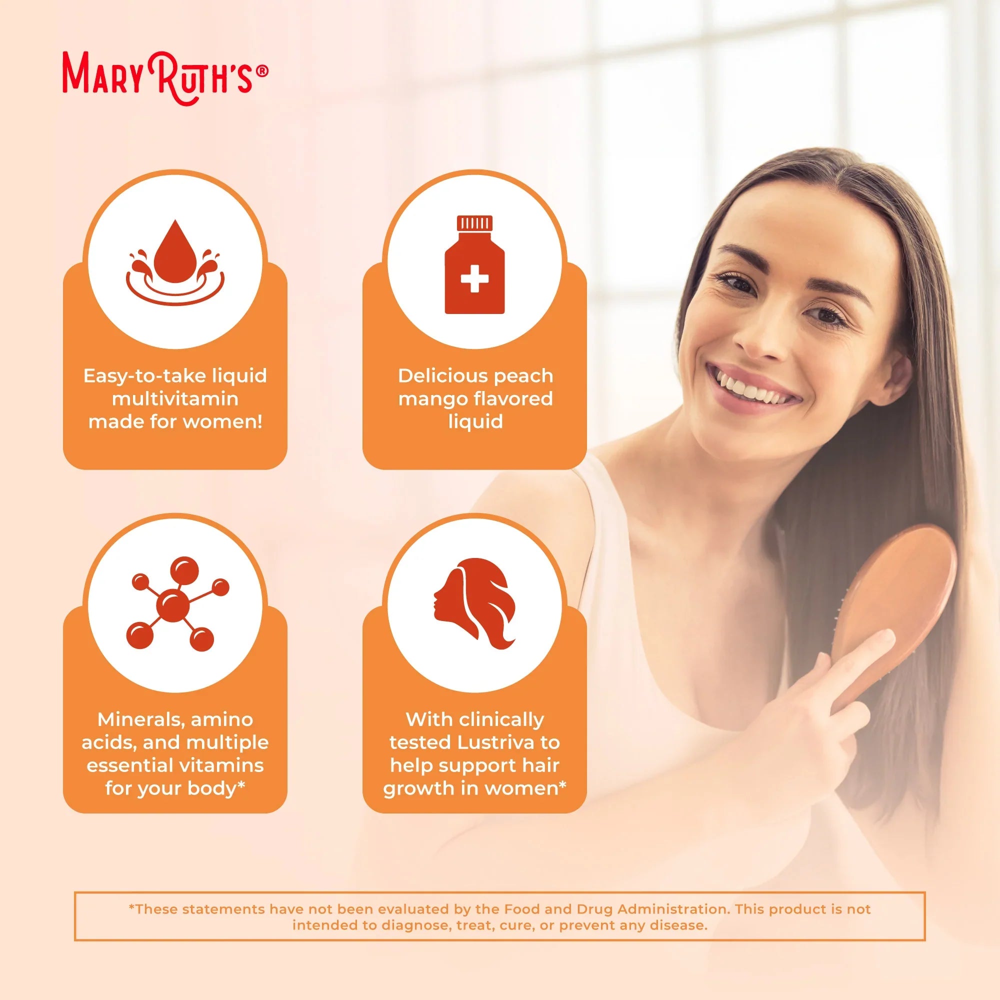 Liquid Multivitamin+Hair Growth | Clinically Tested for Thicker Hair & Facial Wrinkles in Women |  Lustriva Hair Growth Supplement | Peach Mango 15 Fl Oz