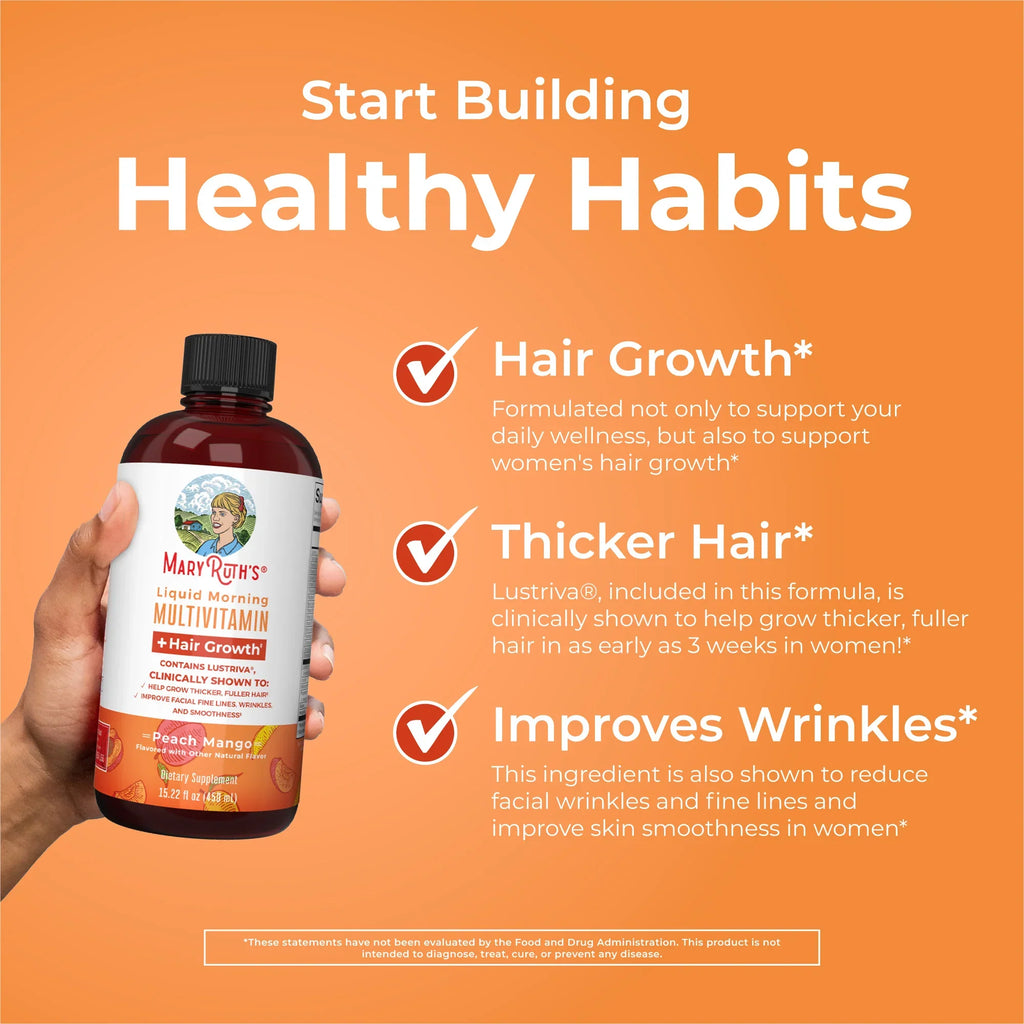 Liquid Multivitamin+Hair Growth | Clinically Tested for Thicker Hair & Facial Wrinkles in Women |  Lustriva Hair Growth Supplement | Peach Mango 15 Fl Oz