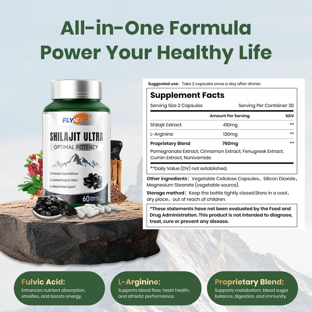 Shilajit for Men & Women with Fulvic Acid & L-Arginine – Himalayan Shilajit Capsules for Energy, Stamina & Immune Support, Non-GMO, Made in USA, 60 Ct (1,300mg/Serving)