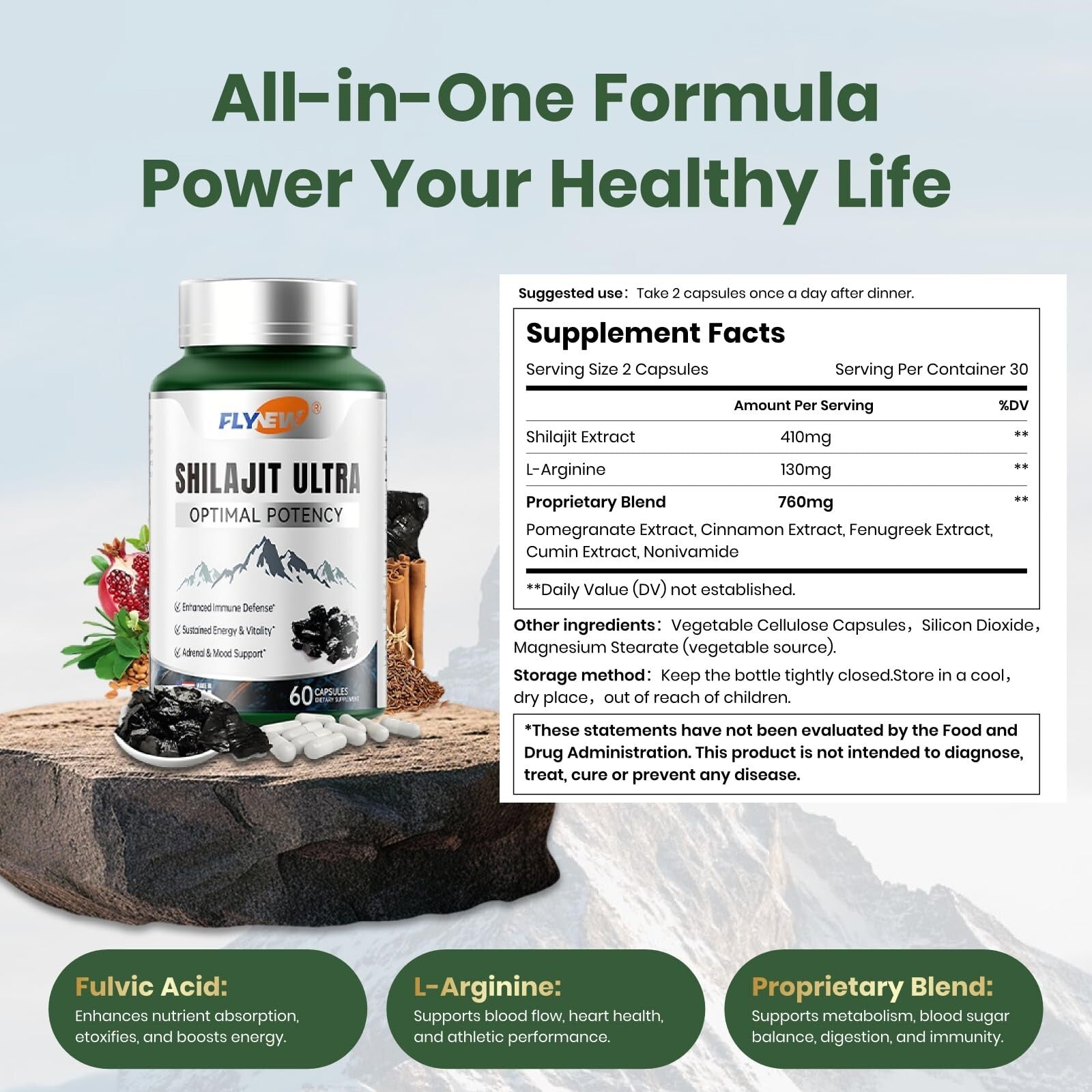 Shilajit for Men & Women with Fulvic Acid & L-Arginine – Himalayan Shilajit Capsules for Energy, Stamina & Immune Support, Non-GMO, Made in USA, 60 Ct (1,300mg/Serving)