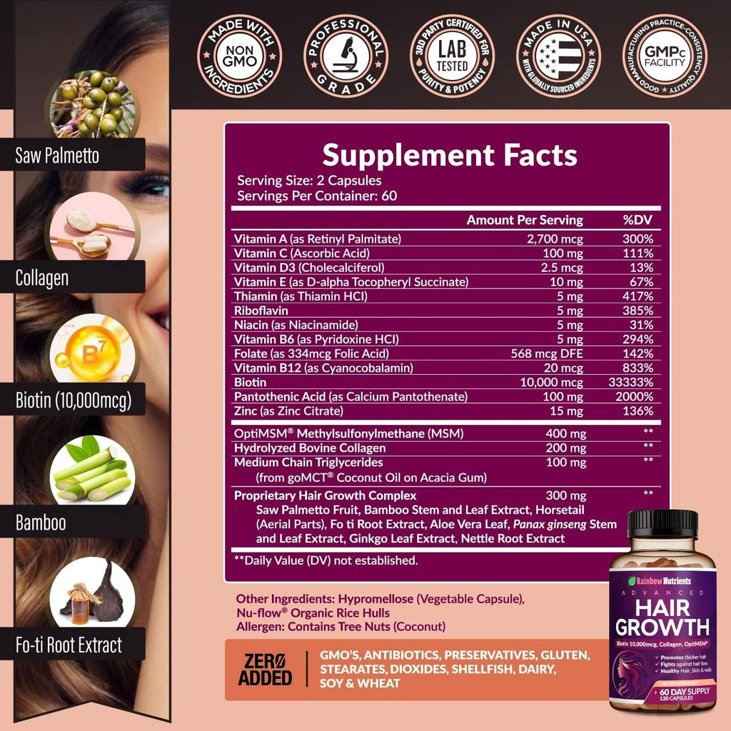 Rainbow Nutrients Hair Growth Formula Collagen & Biotin Complex for Healthy Hair, Skin & Nails from Within