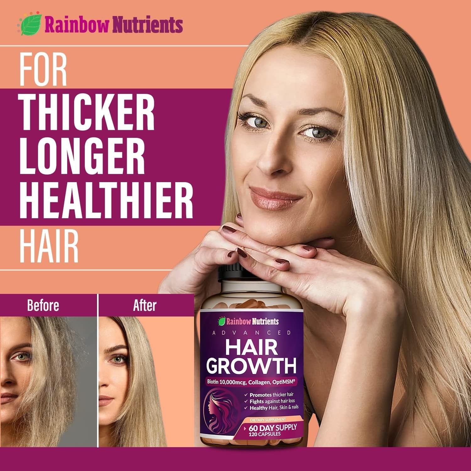 Rainbow Nutrients Hair Growth Formula Collagen & Biotin Complex for Healthy Hair, Skin & Nails from Within