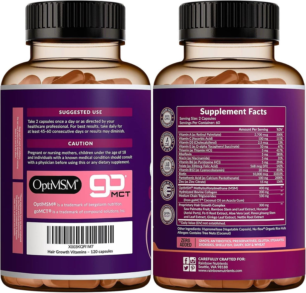 Rainbow Nutrients Hair Growth Formula Collagen & Biotin Complex for Healthy Hair, Skin & Nails from Within